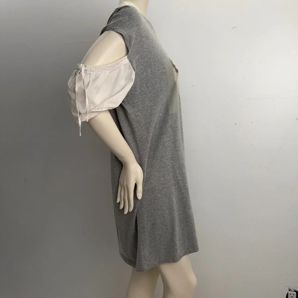 RD Style Graphic T-Shirt Dress Gray Cotton Puff Sleeve Pop Art Cold Shoulder L - Picture 2 of 10